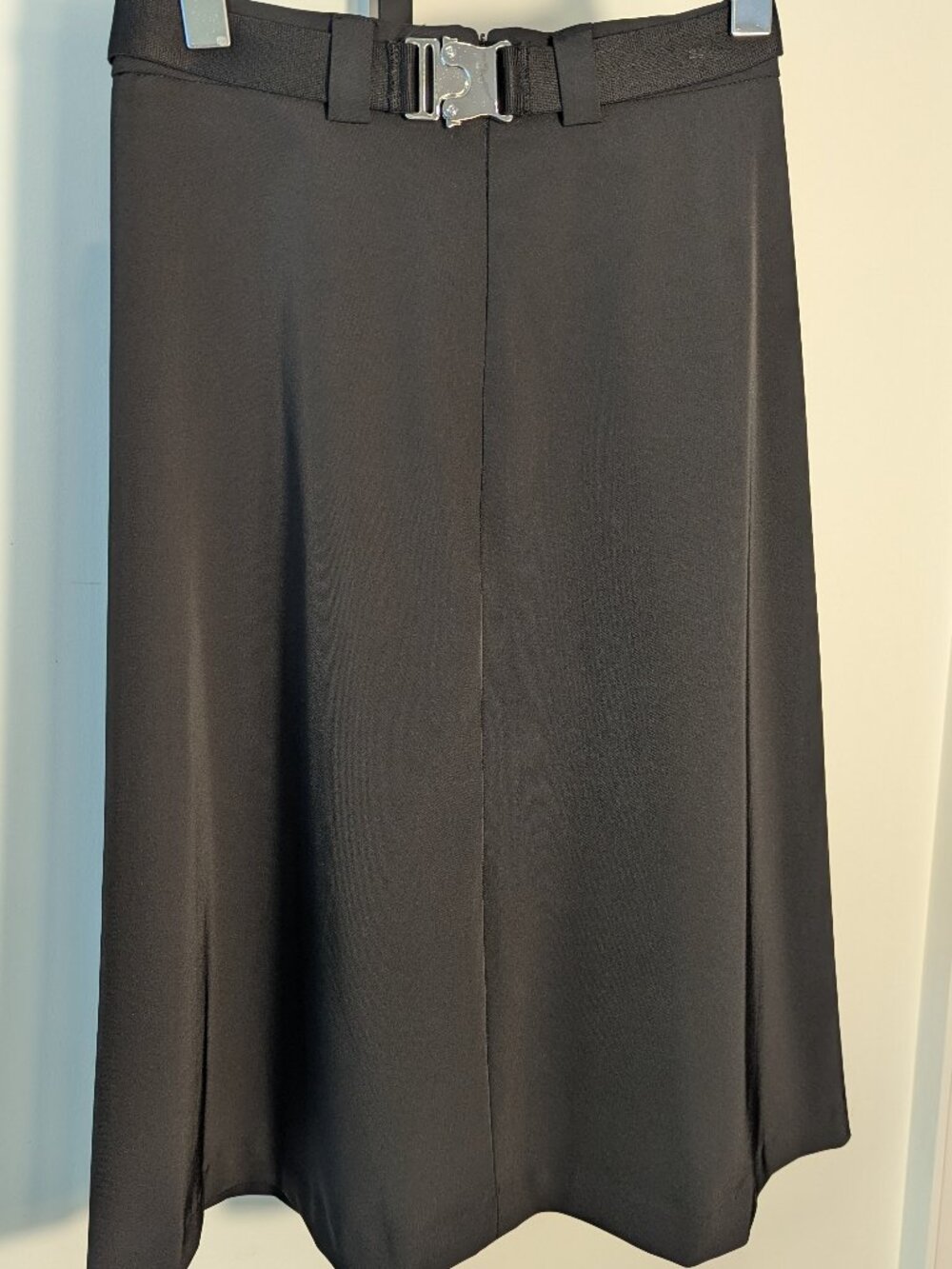 Judith & Charles Black Stretch Midi Skirt Statement Belt Buckle | Made in Canada